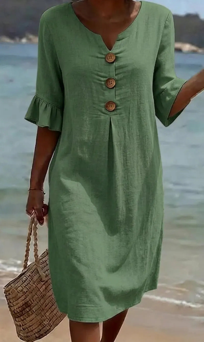 Becca - Vestido midi de mujer con botones delanteros y mangas con volantes