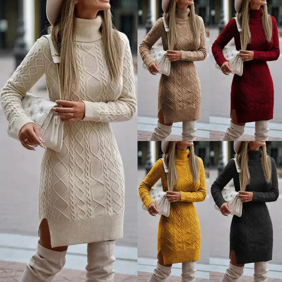 Wendy - Abito maglione da donna in maglia a trecce con collo alto a risvolto