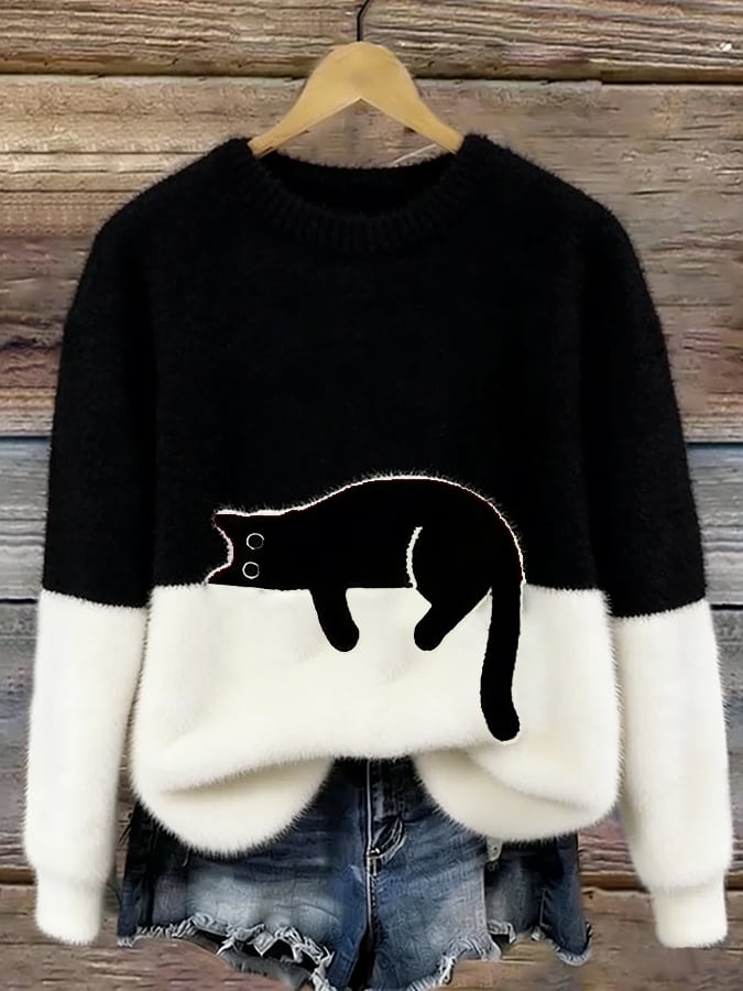 Opal - Women's Relaxed Sweater in Cat Print - photo 3
