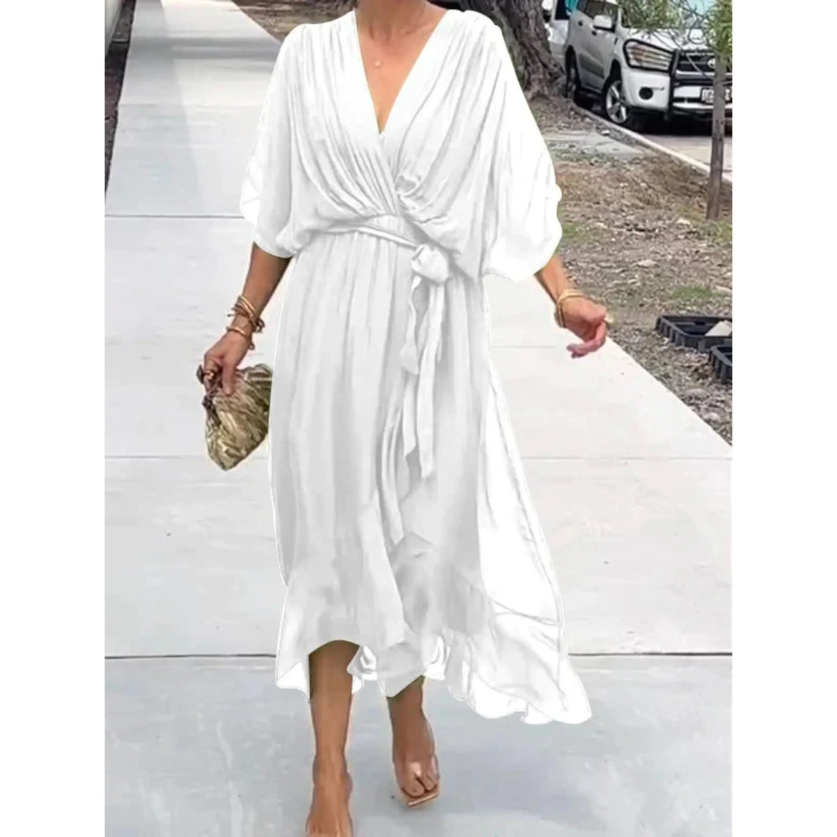 Women's Chiffon Wrap Midi Dress with Batwing Sleeves and Tie Waist
