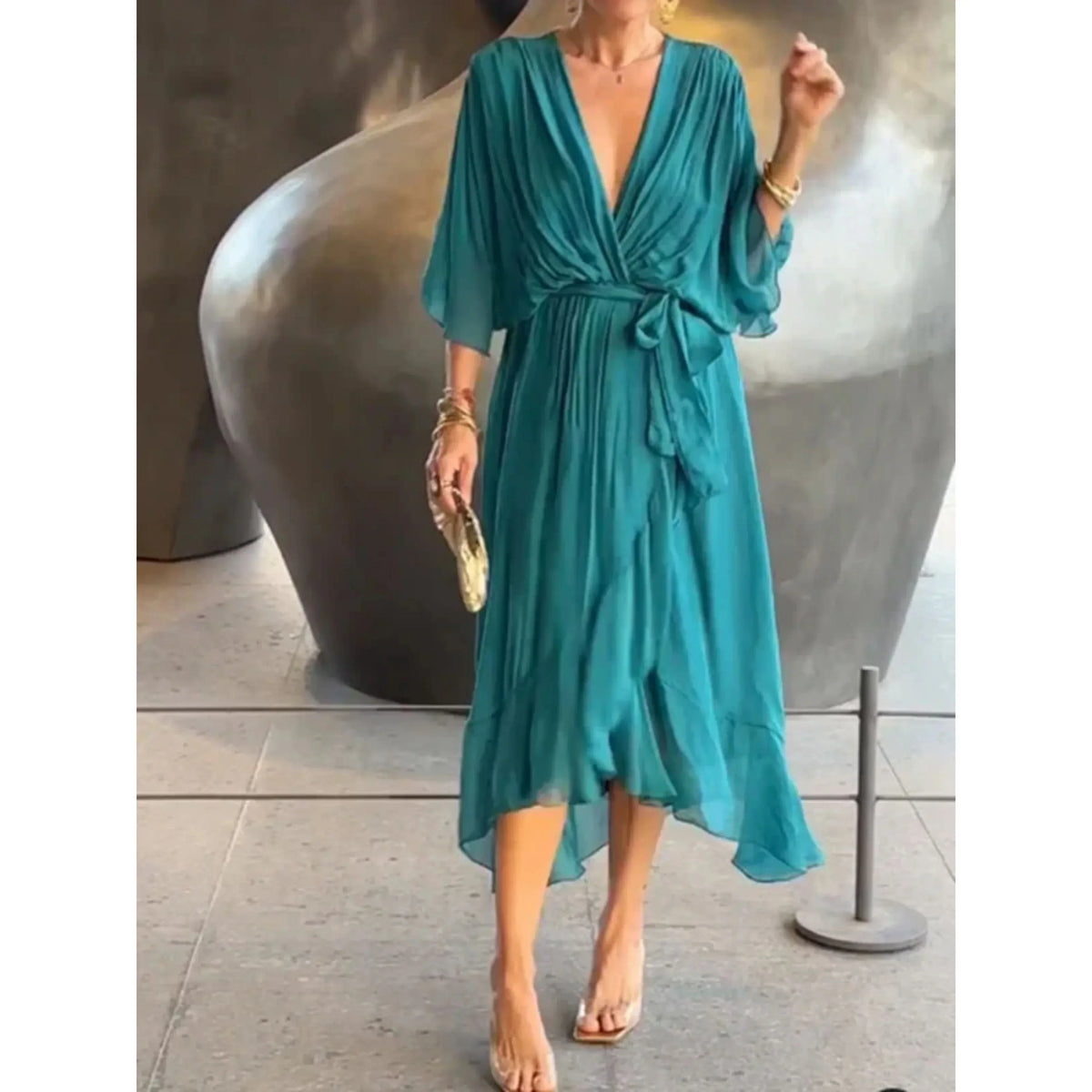 Women's Chiffon Wrap Midi Dress with Batwing Sleeves and Tie Waist – view 5