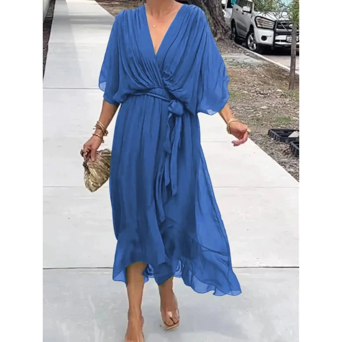 Women's Chiffon Wrap Midi Dress with Batwing Sleeves and Tie Waist – view 6