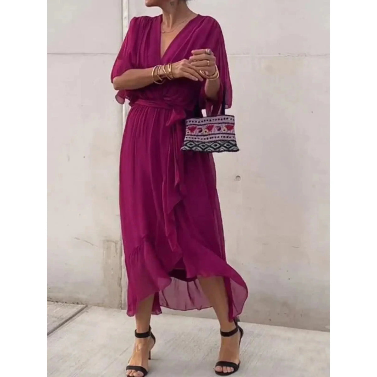 Women's Chiffon Wrap Midi Dress with Batwing Sleeves and Tie Waist – view 7