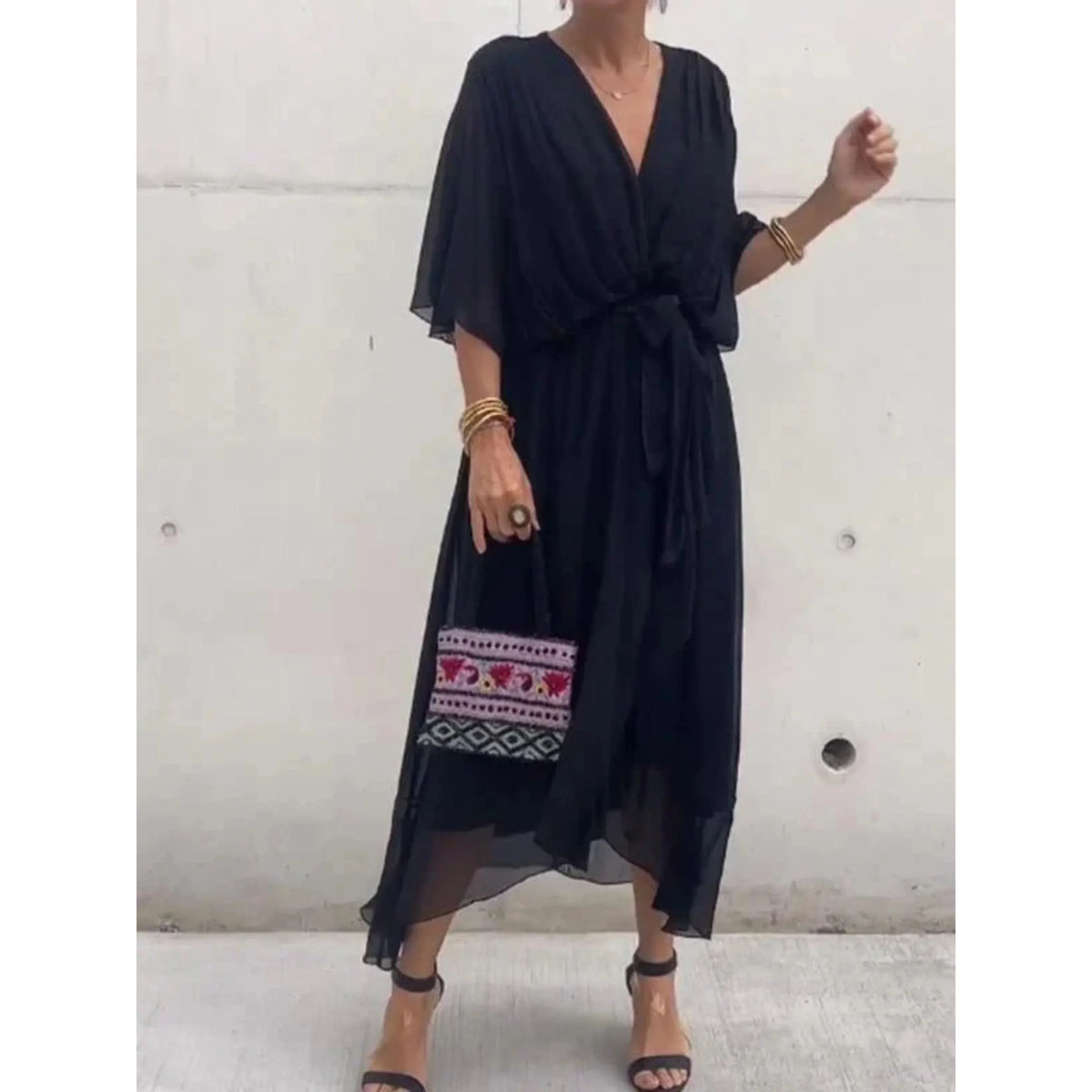 Women's Chiffon Wrap Midi Dress with Batwing Sleeves and Tie Waist – view 9