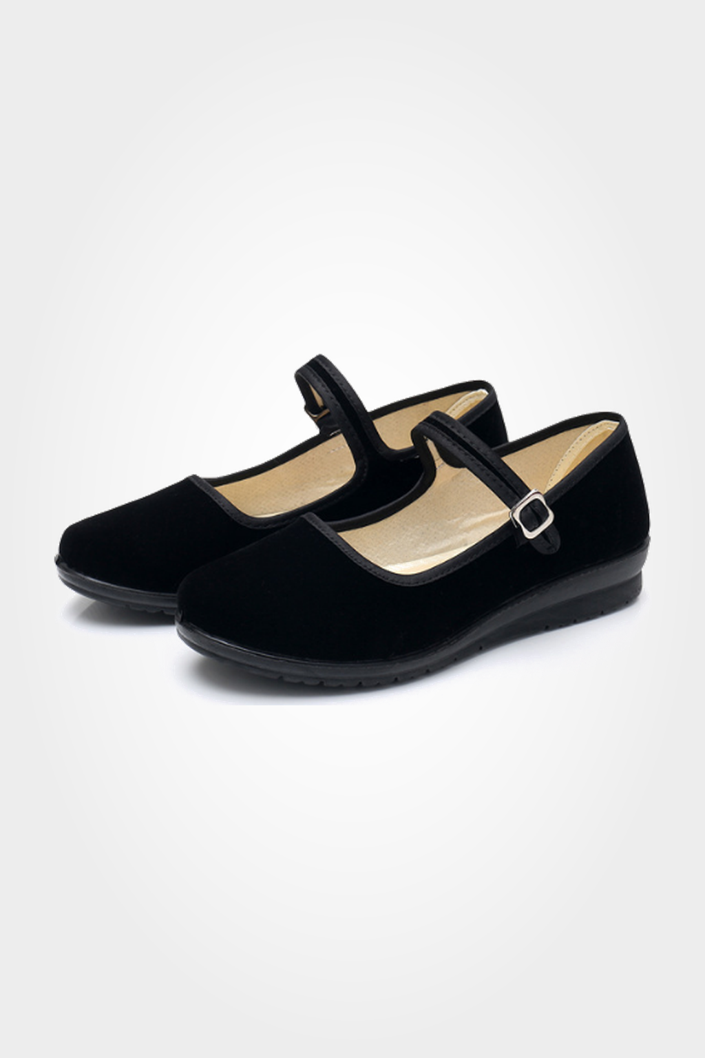 Women's Velvet Mary Jane Flats with Buckle Strap - Black