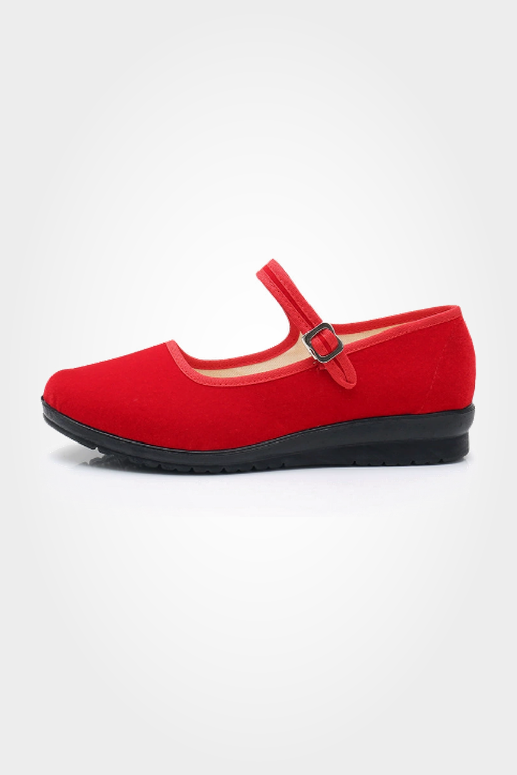 Women's Velvet Mary Jane Flats with Buckle Strap - Red