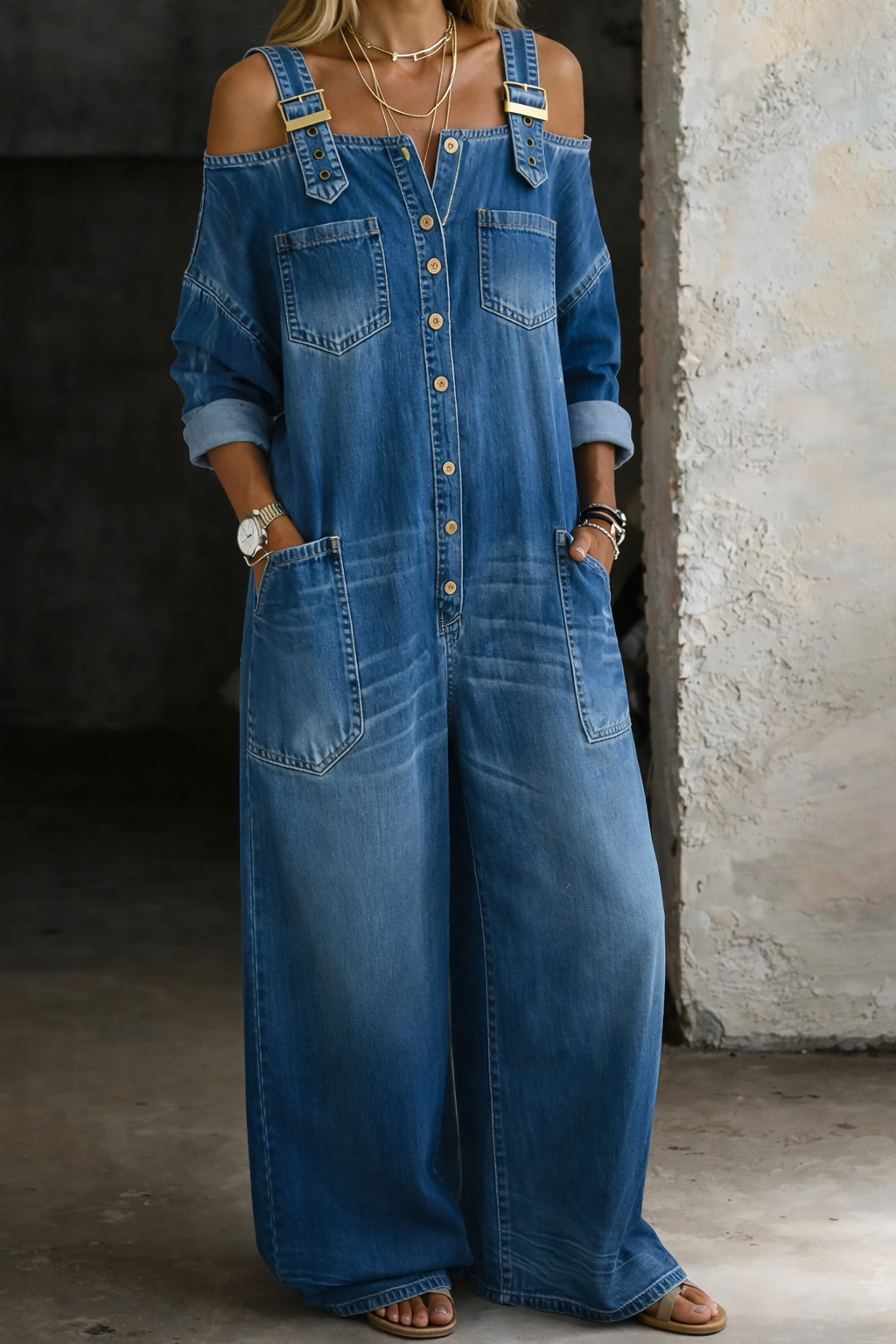 Annemarie - Women's Relaxed Denim Jumpsuit in Off-Shoulder Cut - photo 1