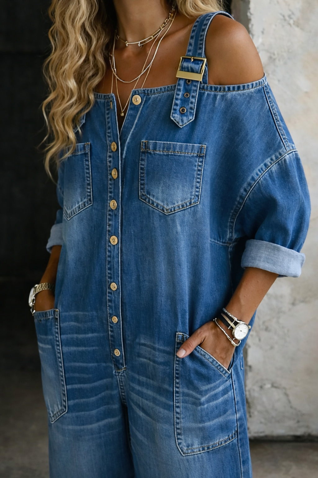 Annemarie - Women's Relaxed Denim Jumpsuit in Off-Shoulder Cut - photo 2