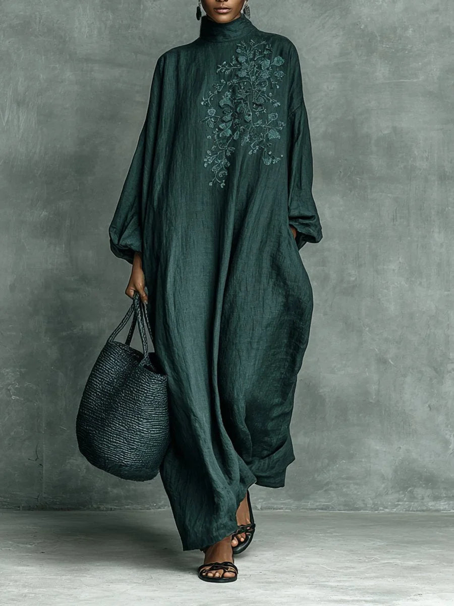 Ylva - Women's Embroidered Maxi Dress with High Neck