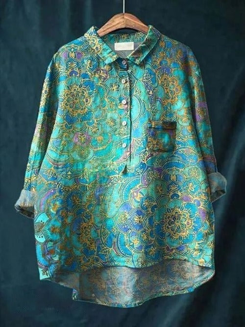 Women's Cotton-Linen Floral Print Shirt with Dipped Hem - photo 11