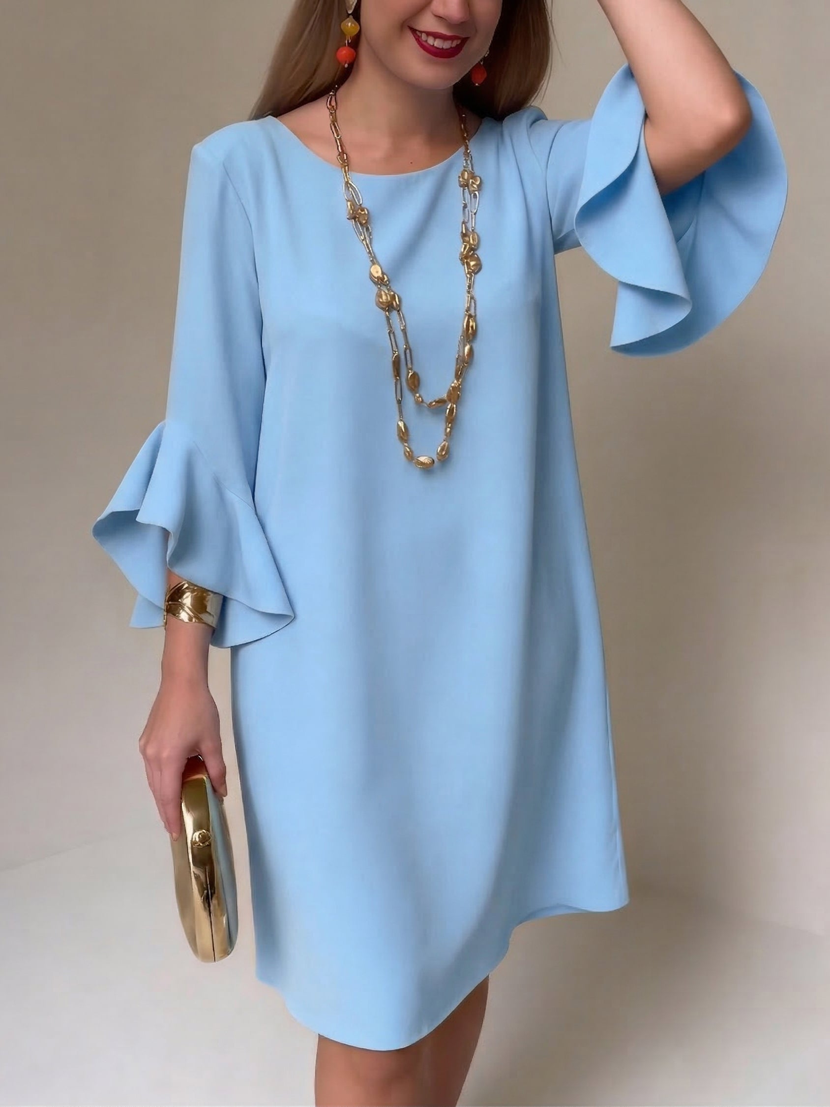 Bridie - Women's Relaxed Midi Dress in Fluid Ruffle Sleeves - photo 5