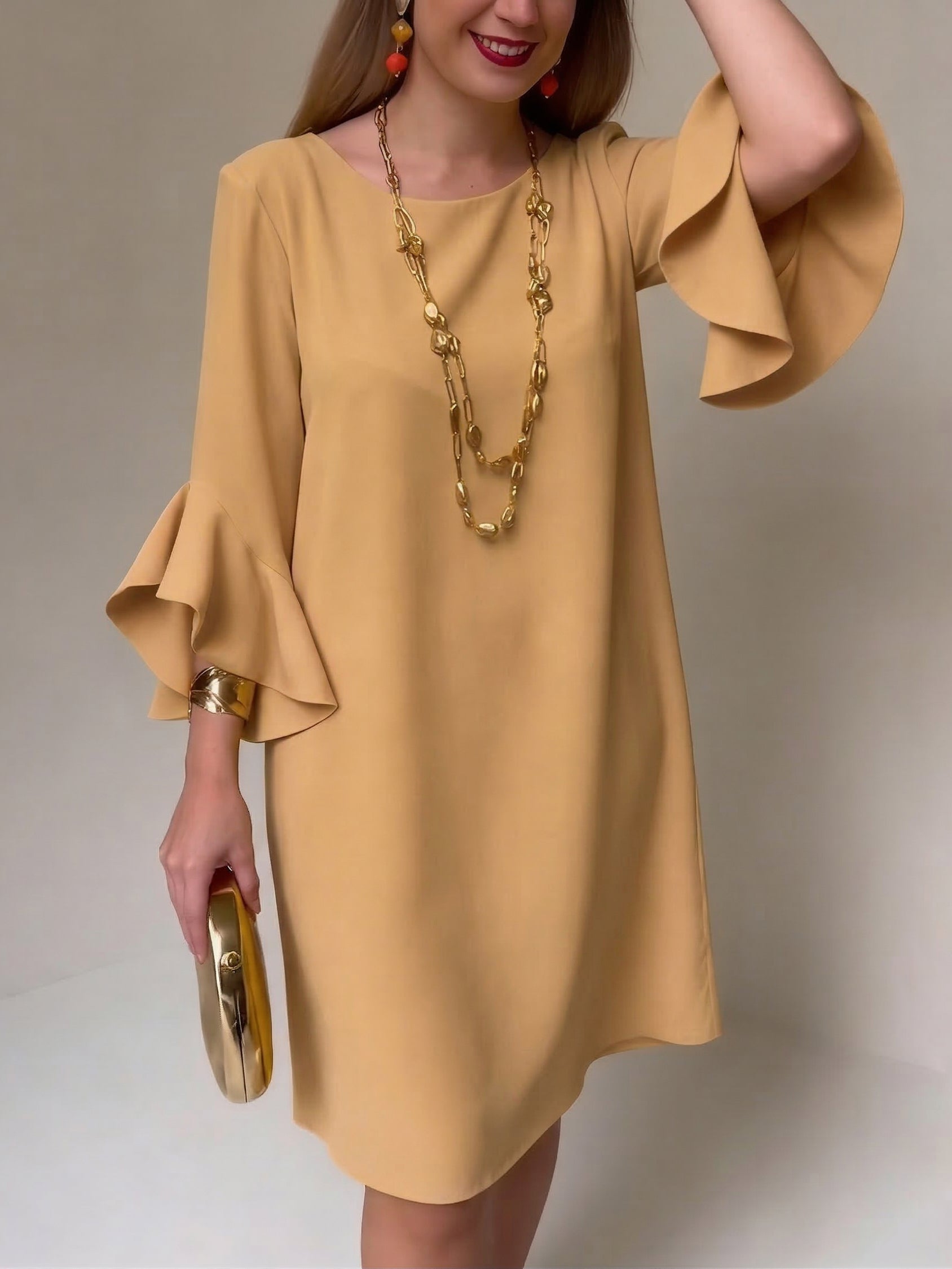 Bridie - Women's Relaxed Midi Dress in Fluid Ruffle Sleeves - photo 6