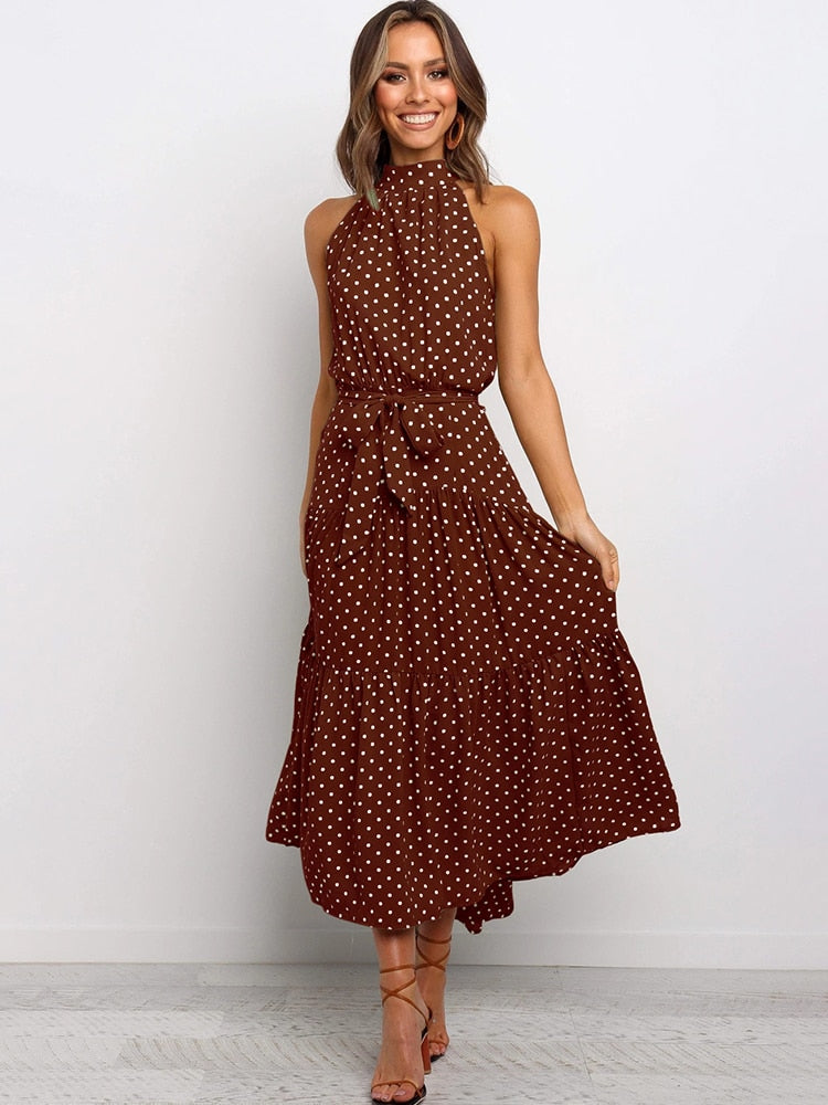 Women's Halter Neck Midi Dress with Waist Tie