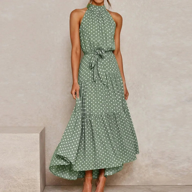Women's Halter Neck Midi Dress with Waist Tie