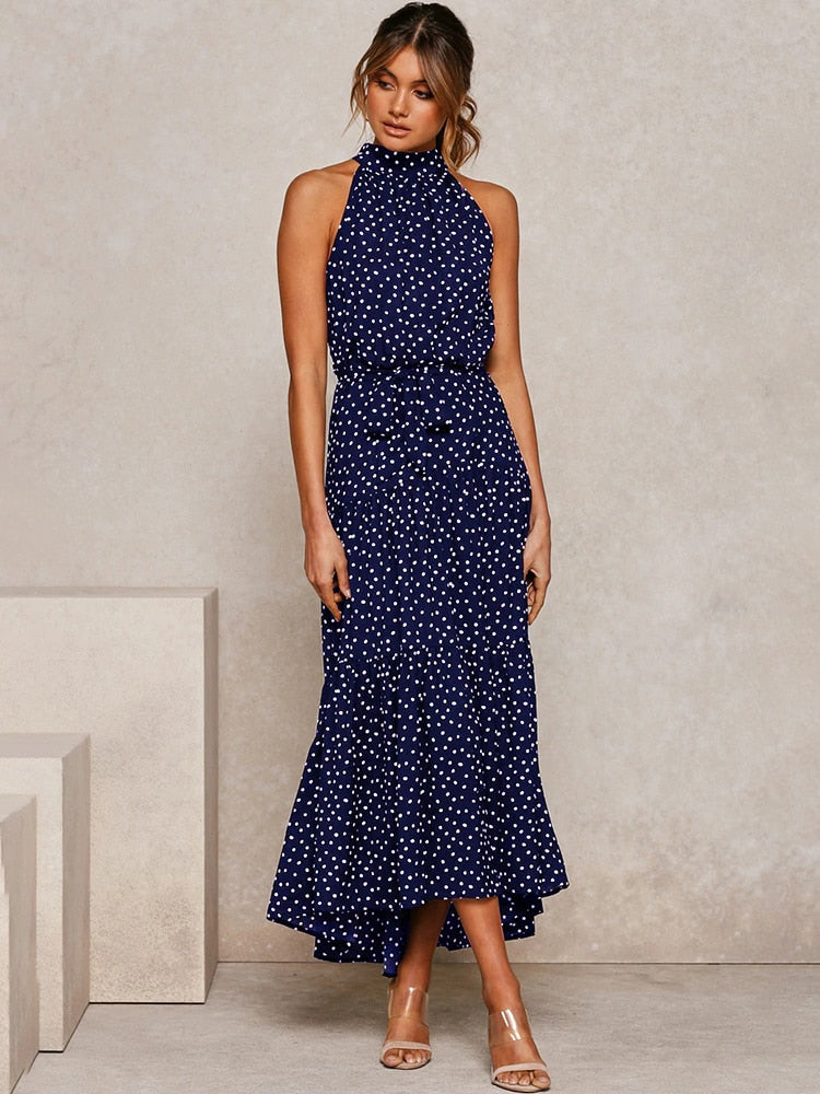 Women's Halter Neck Midi Dress with Waist Tie