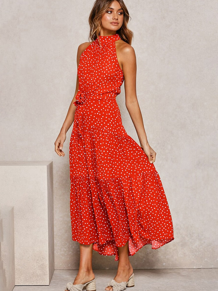Women's Halter Neck Midi Dress with Waist Tie