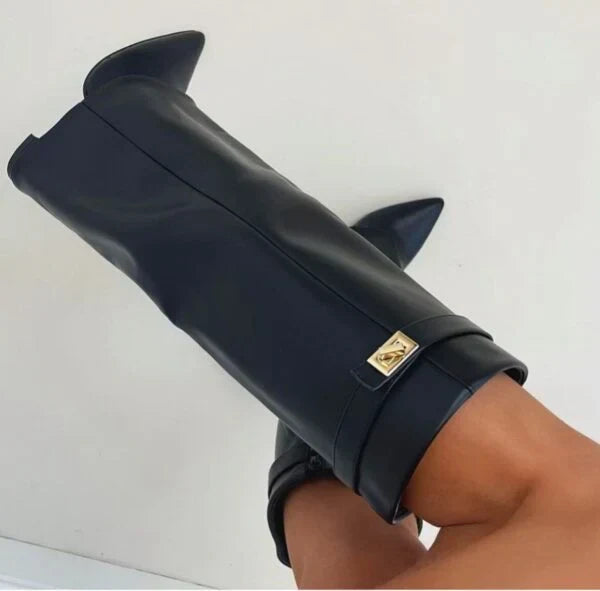 Cherry - Women's Structured High Boots in Gold Buckle - photo 9