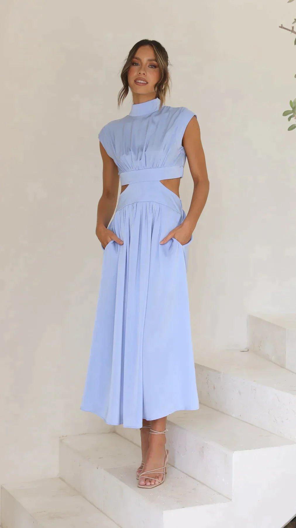 Patsy - Women's High Neck Midi Dress with Waist Cutouts