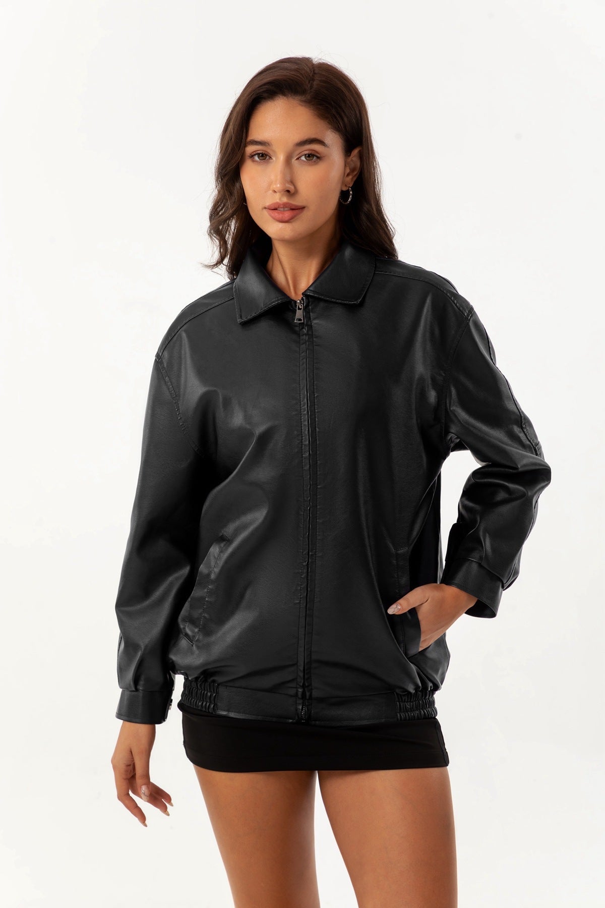 Women's Ilona Oversized Leather Jacket with a Shirt Collar – view 5