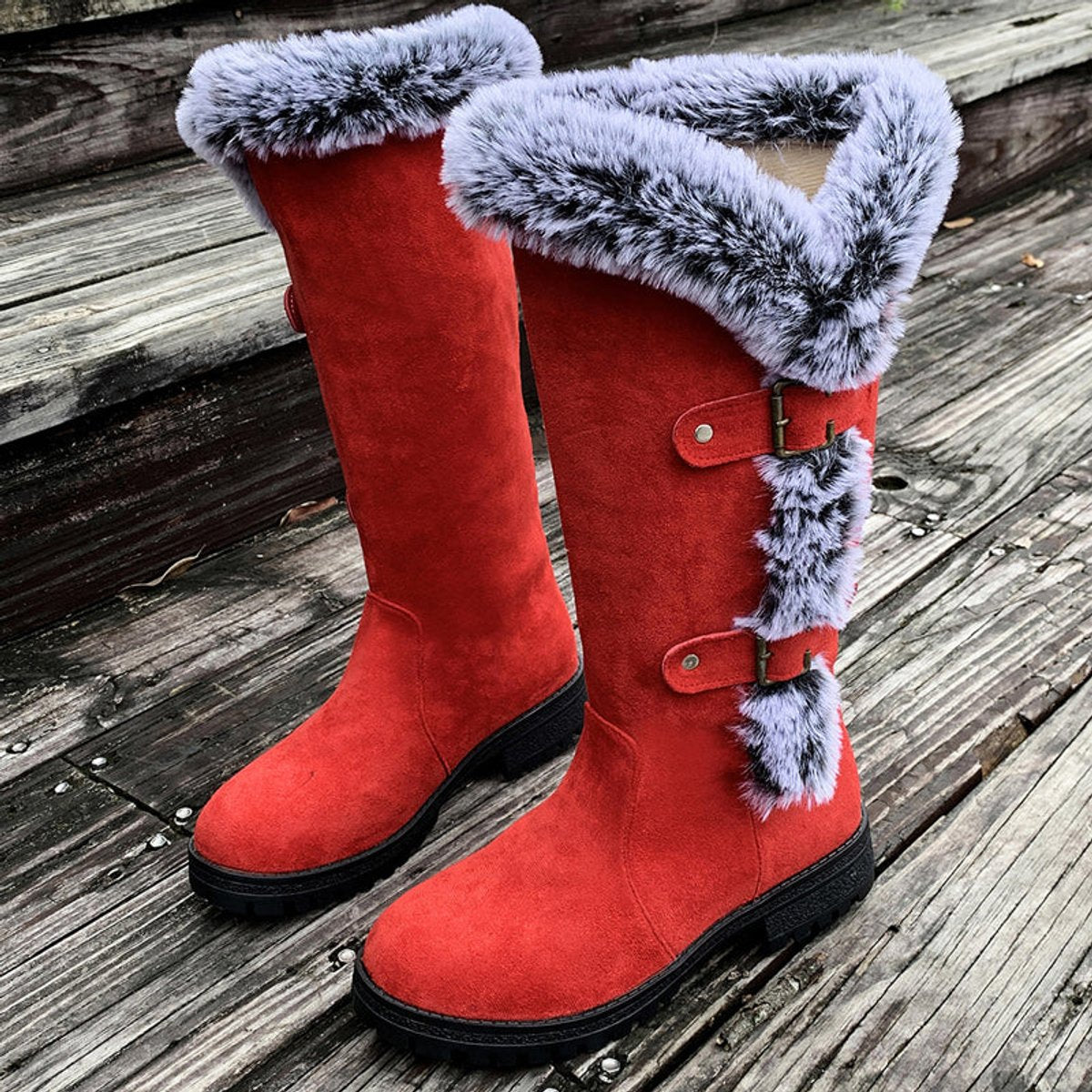Connie - Women's Knee High Boots with Fur Trim and Buckles