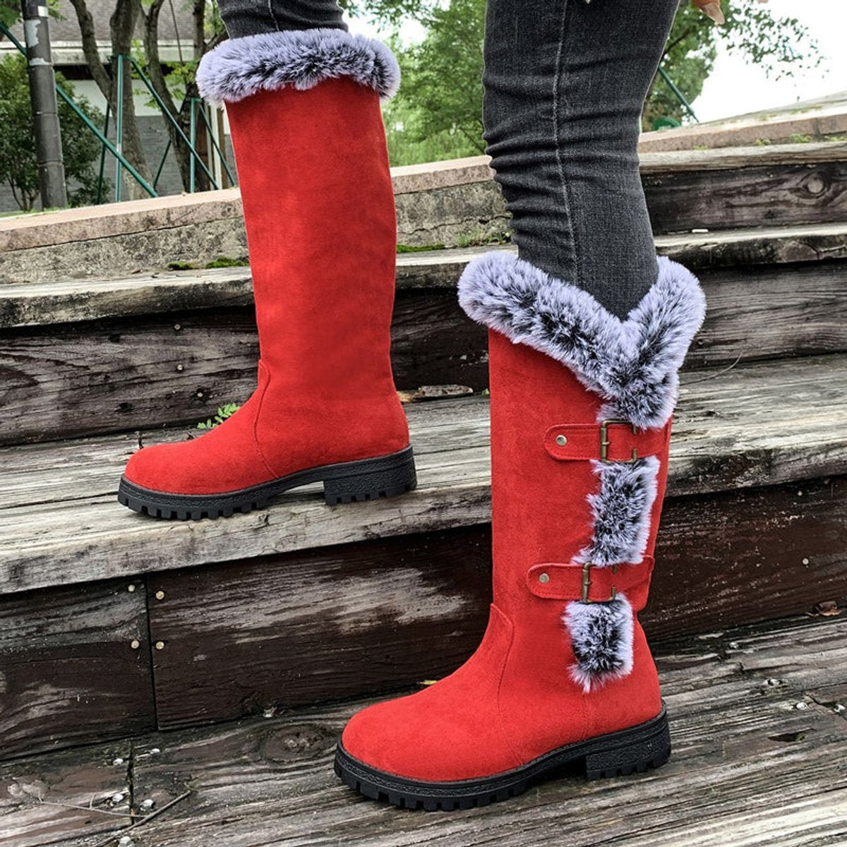 Connie - Women's Knee High Boots with Fur Trim and Buckles