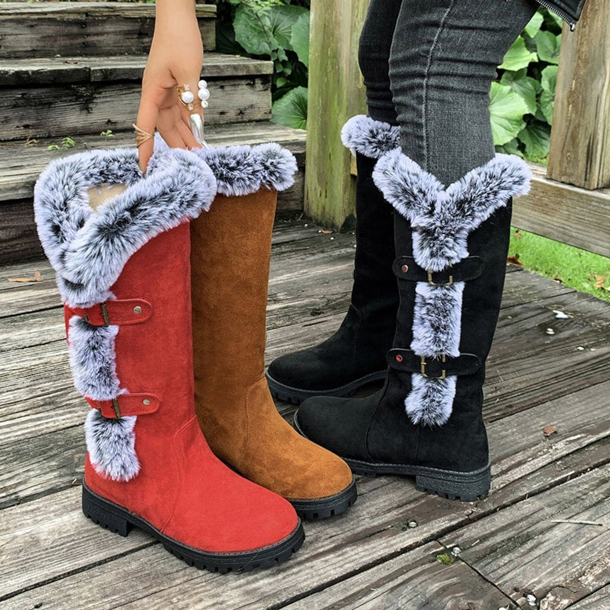 Connie - Women's Knee High Boots with Fur Trim and Buckles