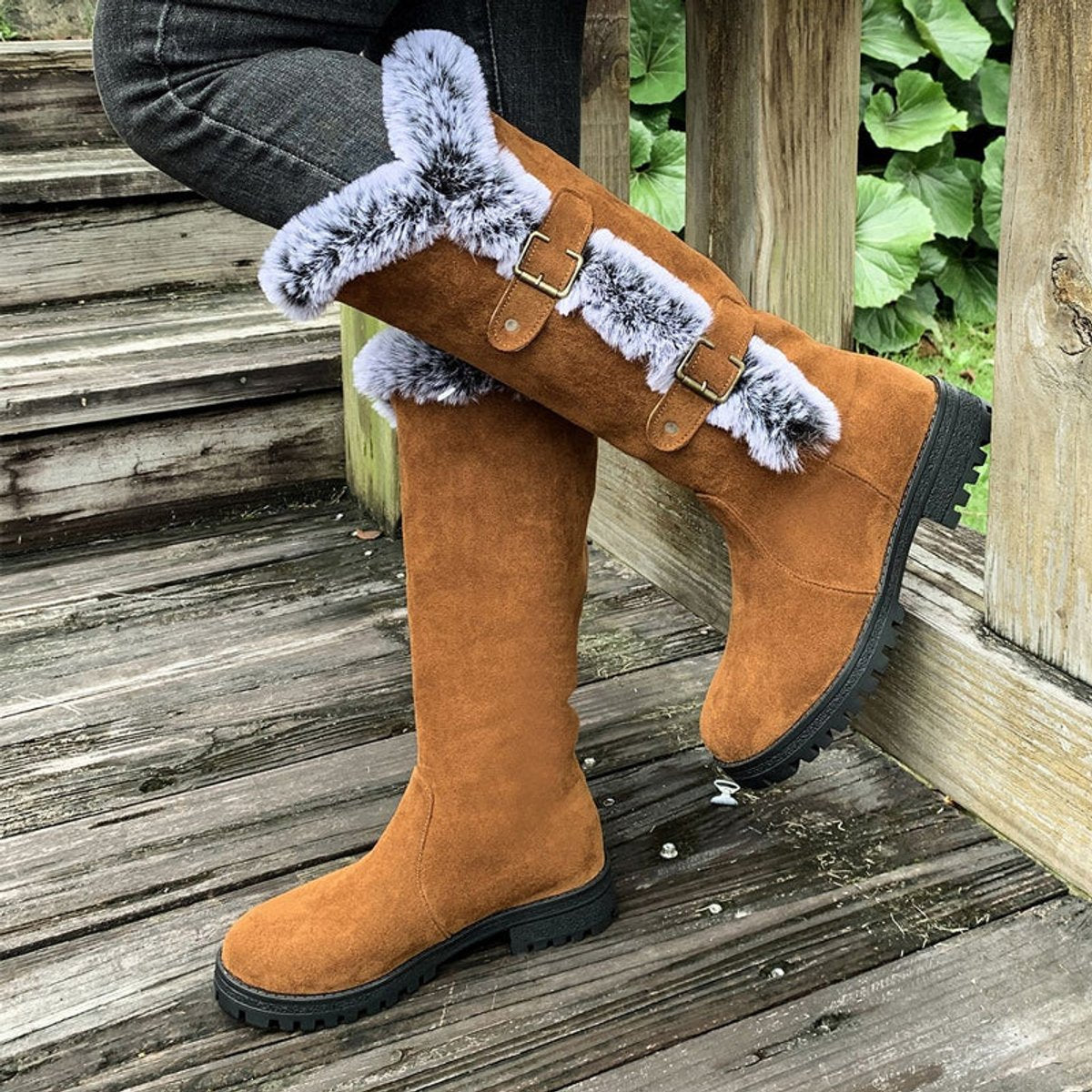 Connie - Women's Knee High Boots with Fur Trim and Buckles