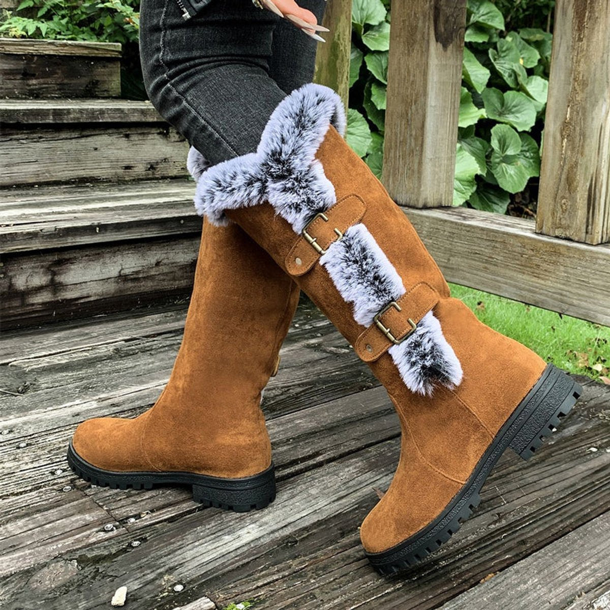 Connie - Women's Knee High Boots with Fur Trim and Buckles