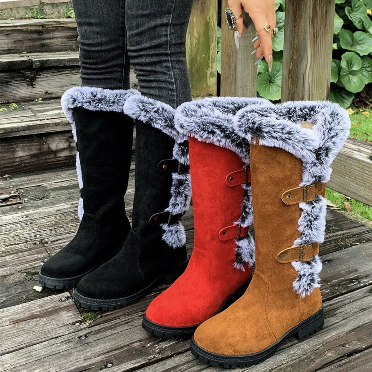 Connie - Women's Knee High Boots with Fur Trim and Buckles