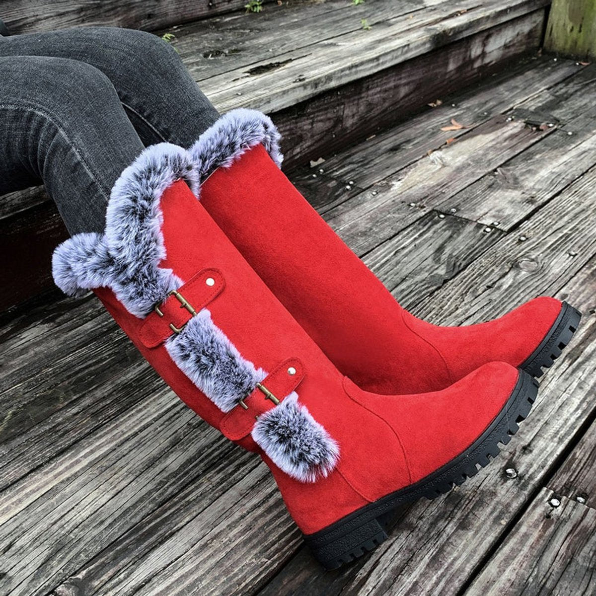 Connie - Women's Knee High Boots with Fur Trim and Buckles