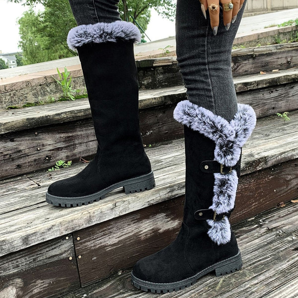 Connie - Women's Knee High Boots with Fur Trim and Buckles