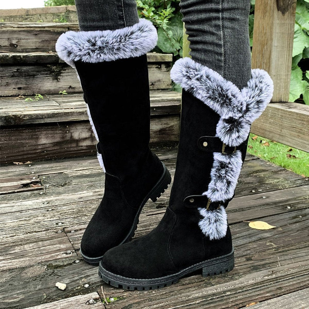 Connie - Women's Knee High Boots with Fur Trim and Buckles
