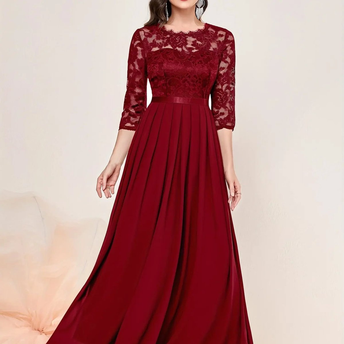 Women's Lace Bodice Three-Quarter Sleeve Maxi Formal Dresses