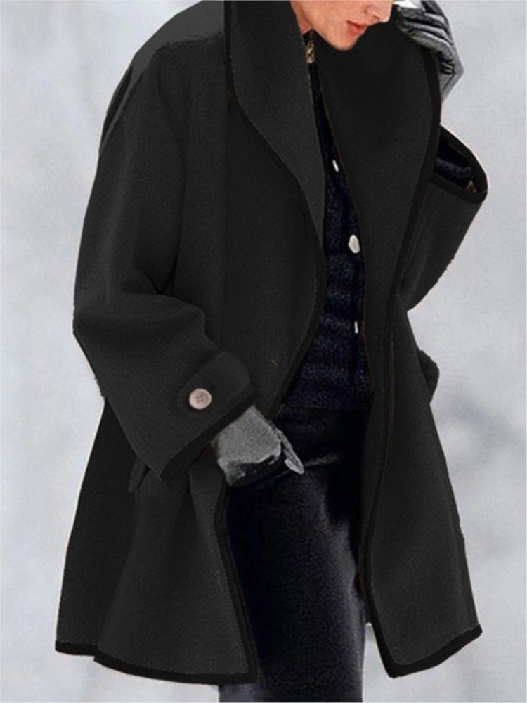 Kristen - Women's Shawl Collar Coat with Contrast Trim - Black