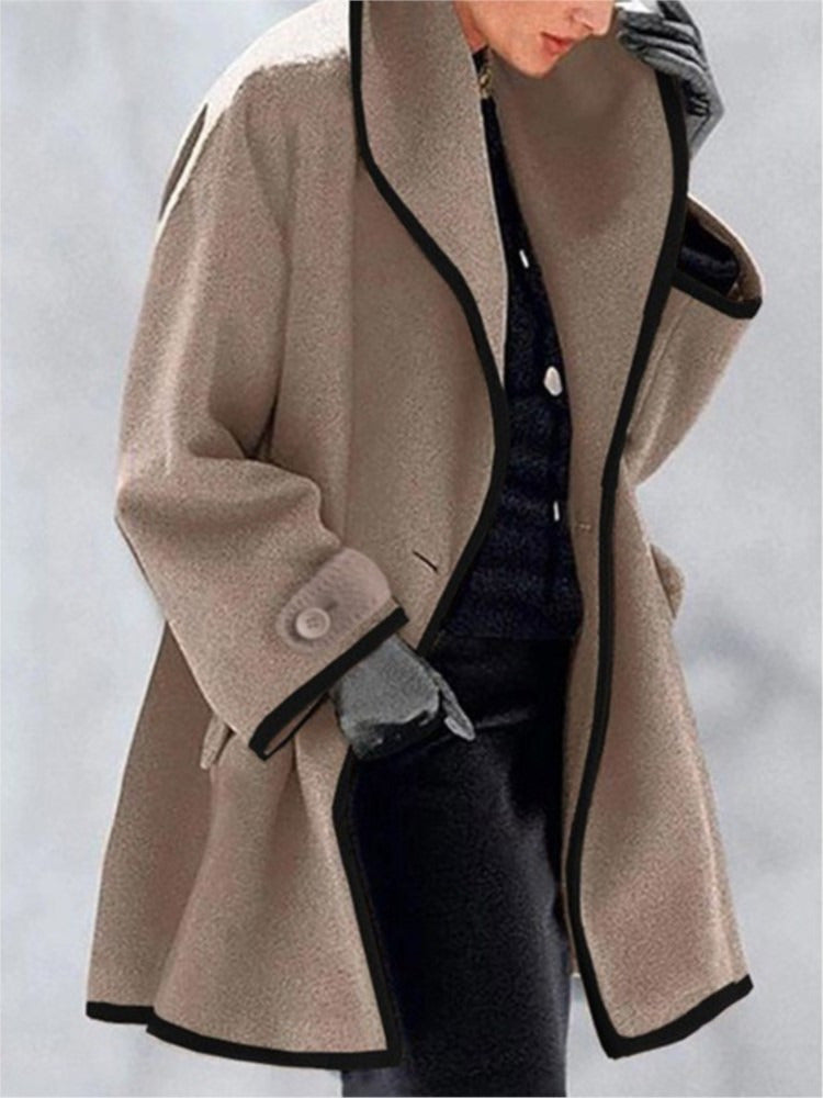Kristen - Women's Shawl Collar Coat with Contrast Trim - Brown