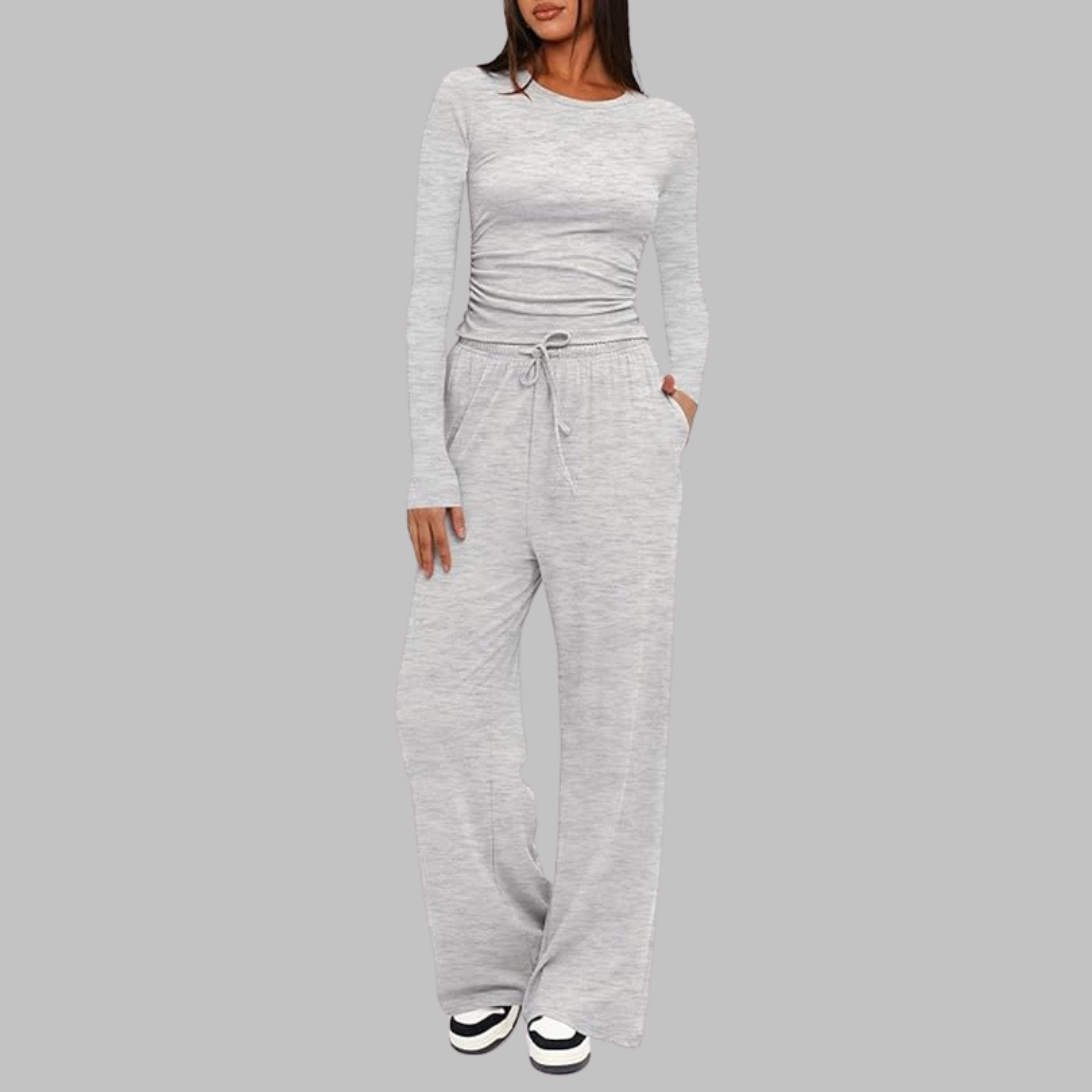 Emmaline - Women's Relaxed Two-Piece Set in Long Sleeve Top Wide Leg Pants - photo 3
