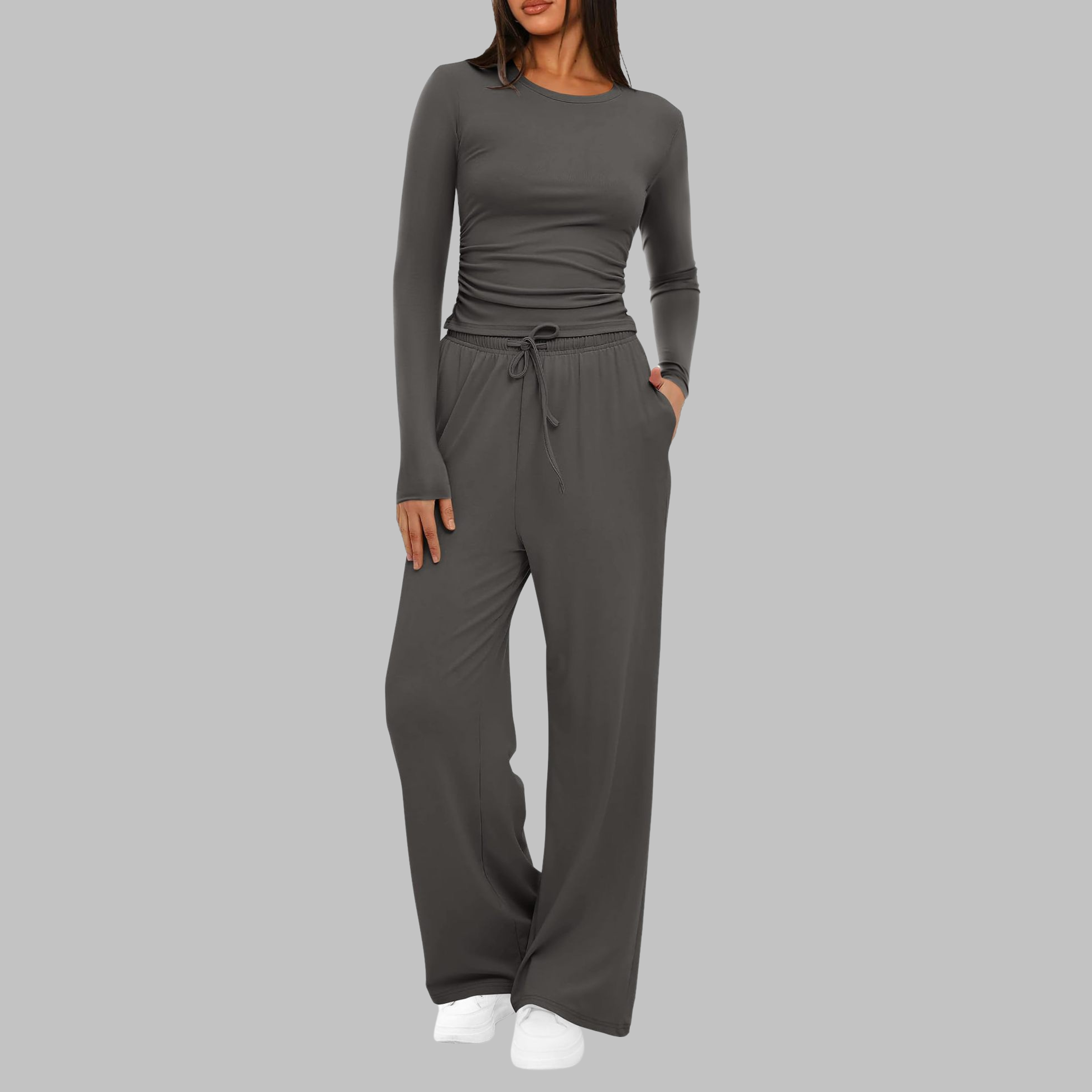 Emmaline - Women's Relaxed Two-Piece Set in Long Sleeve Top Wide Leg Pants - photo 4