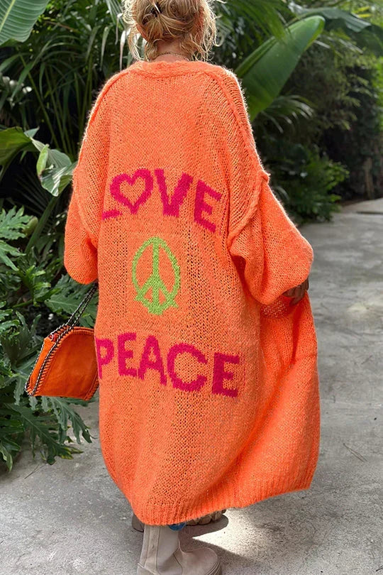 Women's Longline Open Knit Cardigan with Peace Motif