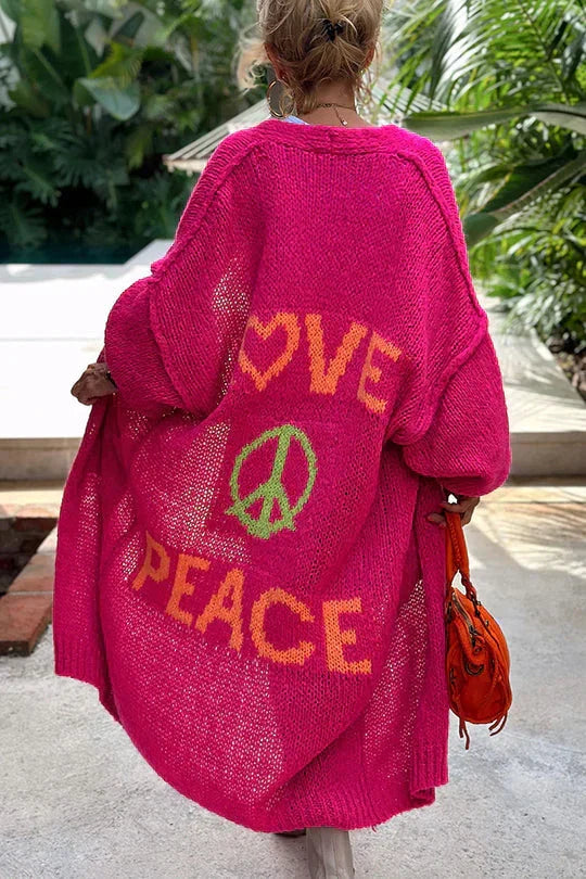 Women's Longline Open Knit Cardigan with Peace Motif