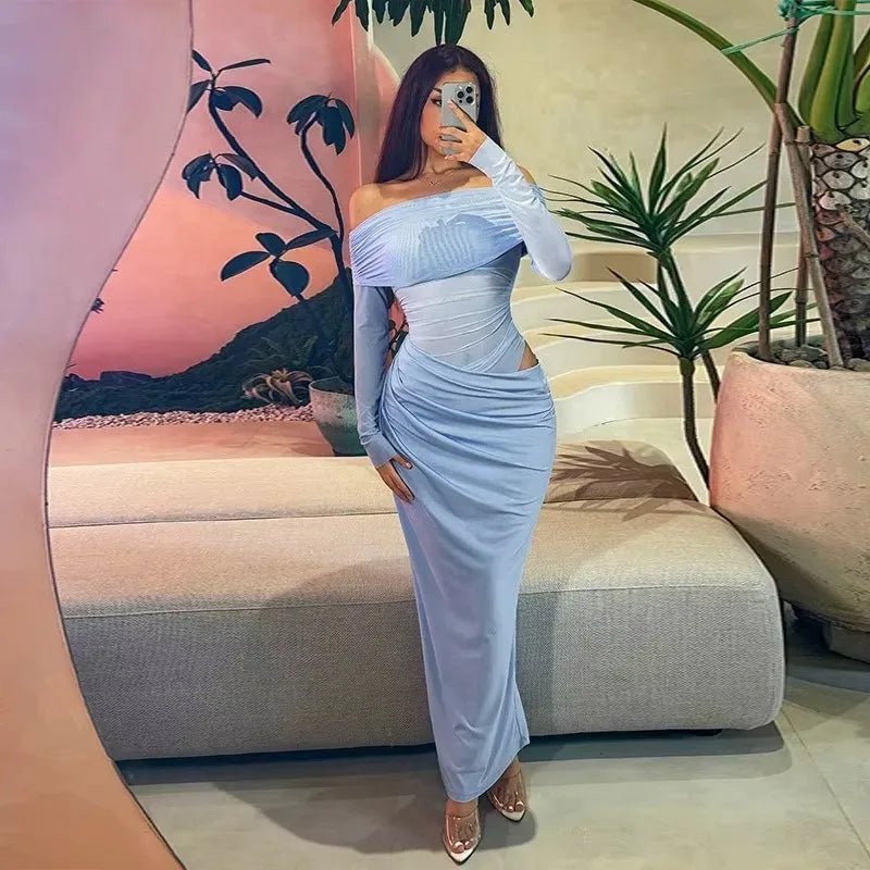 Keeley - Women's Mesh Maxi Dress with One Shoulder Sleeve