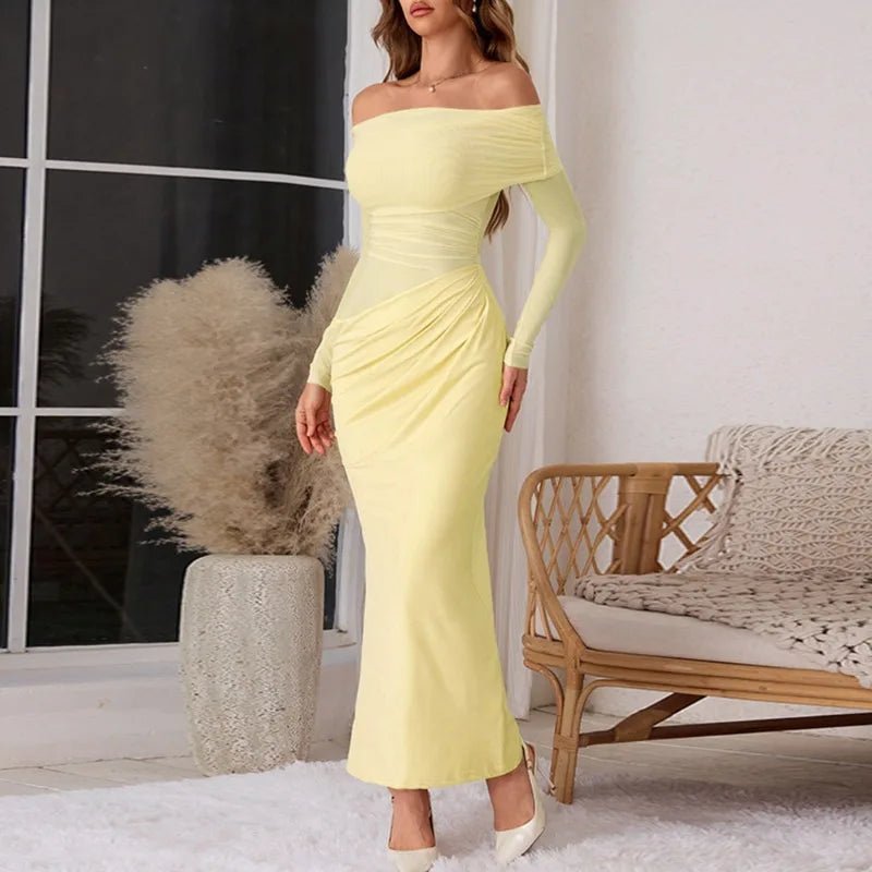 Keeley - Women's Mesh Maxi Dress with One Shoulder Sleeve