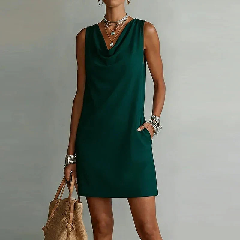 Women's Sleeveless Cowl Neck Mini Dress with Pockets