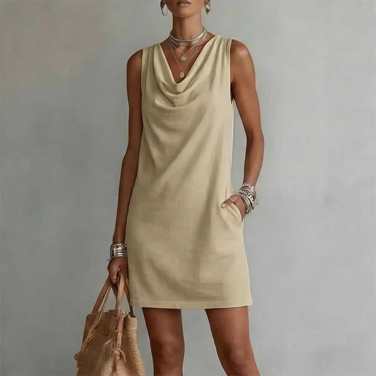 Women's Sleeveless Cowl Neck Mini Dress with Pockets – view 8
