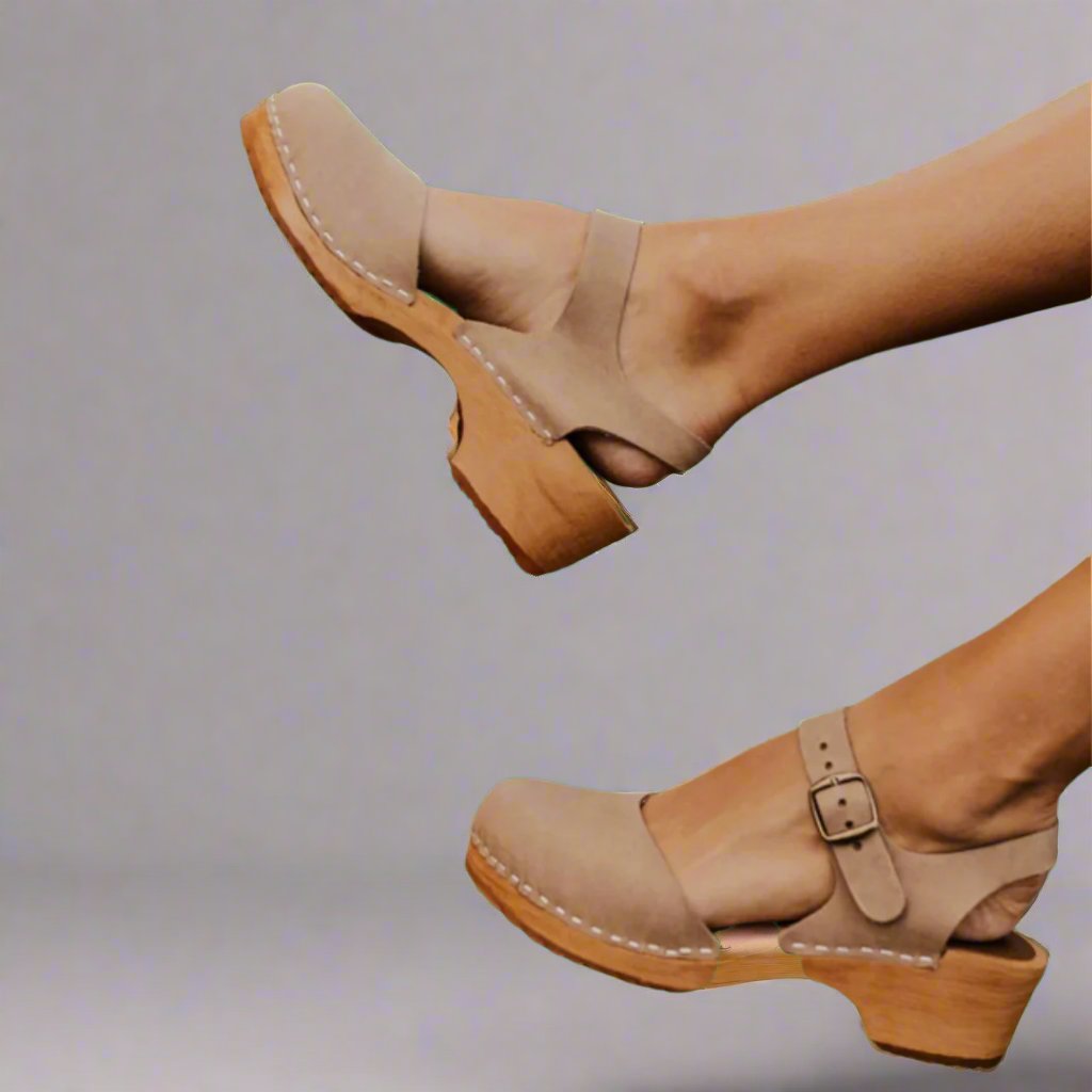 Women's Platform Clogs with Wooden Heel and Ankle Strap