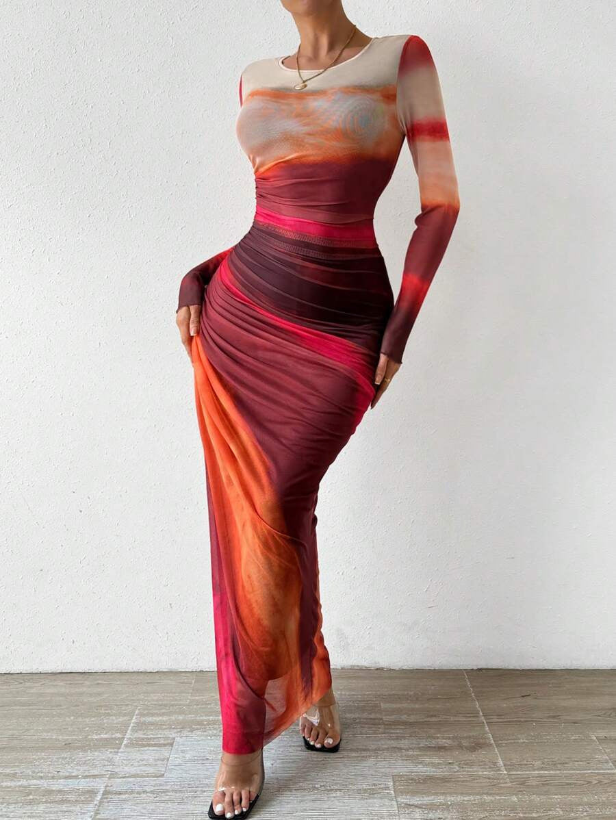 Muriel - Abito lungo stampato da donna con maniche lunghe
