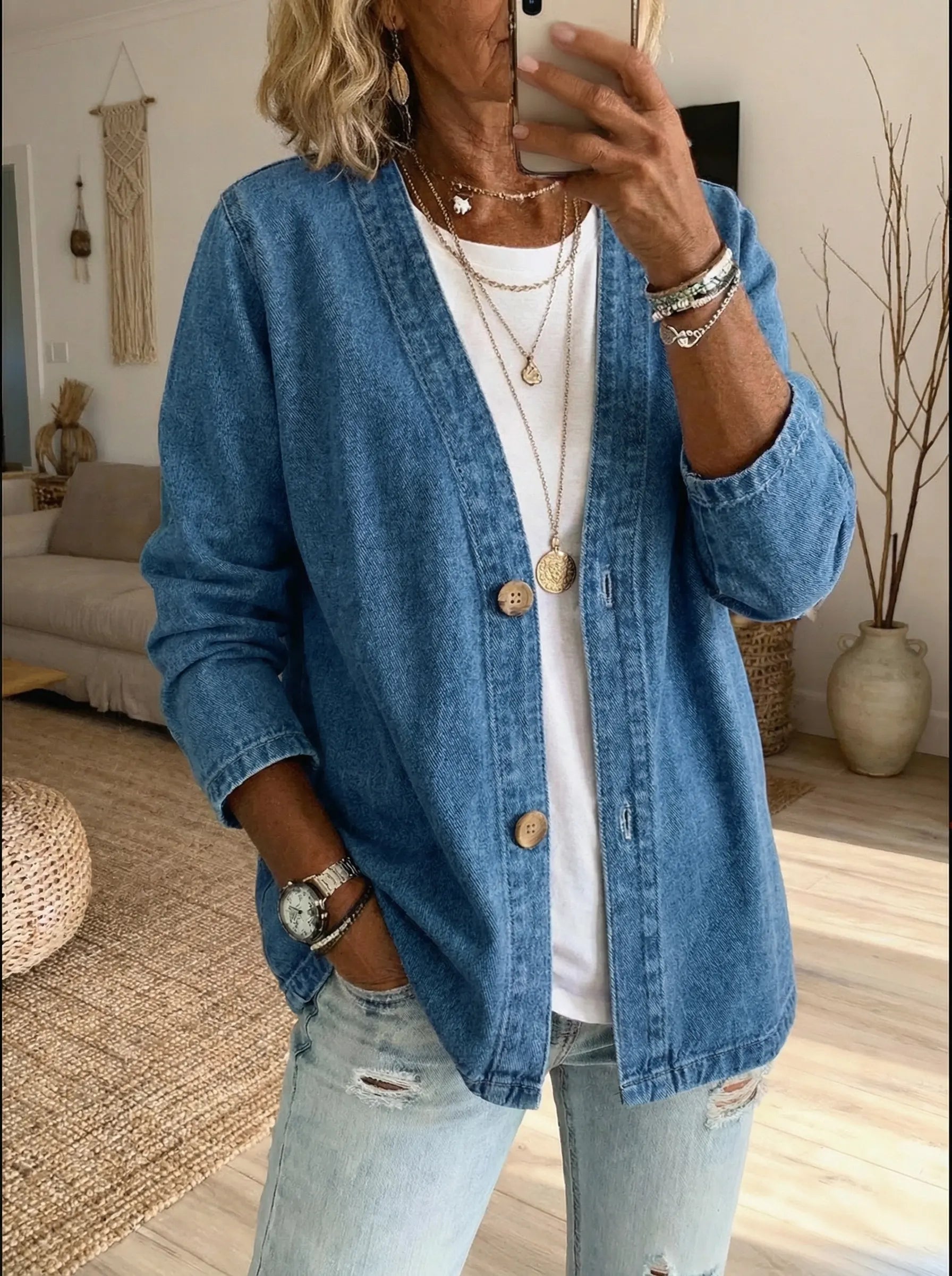 Mina - Women's Relaxed Cardigan in Button-Front Denim - photo 1