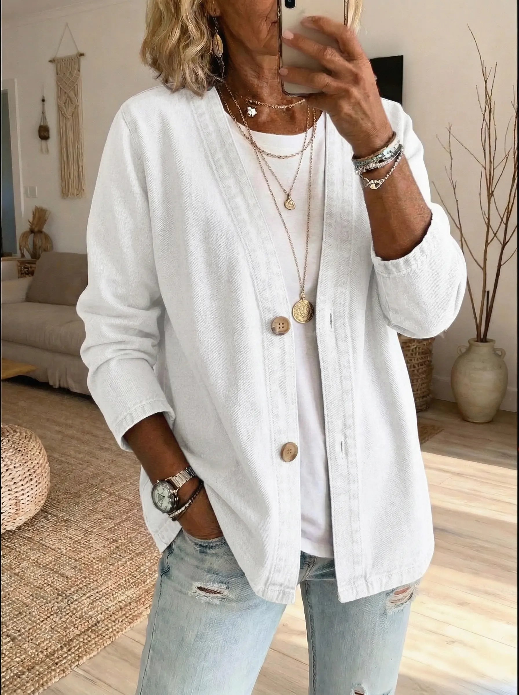 Mina - Women's Relaxed Cardigan in Button-Front Denim - photo 4