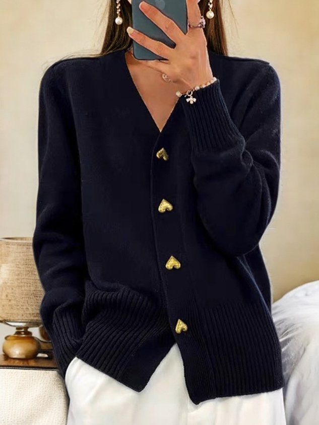 Nelda - Women's Relaxed Cardigan in Elegant V-Neck Heart Button - photo 2