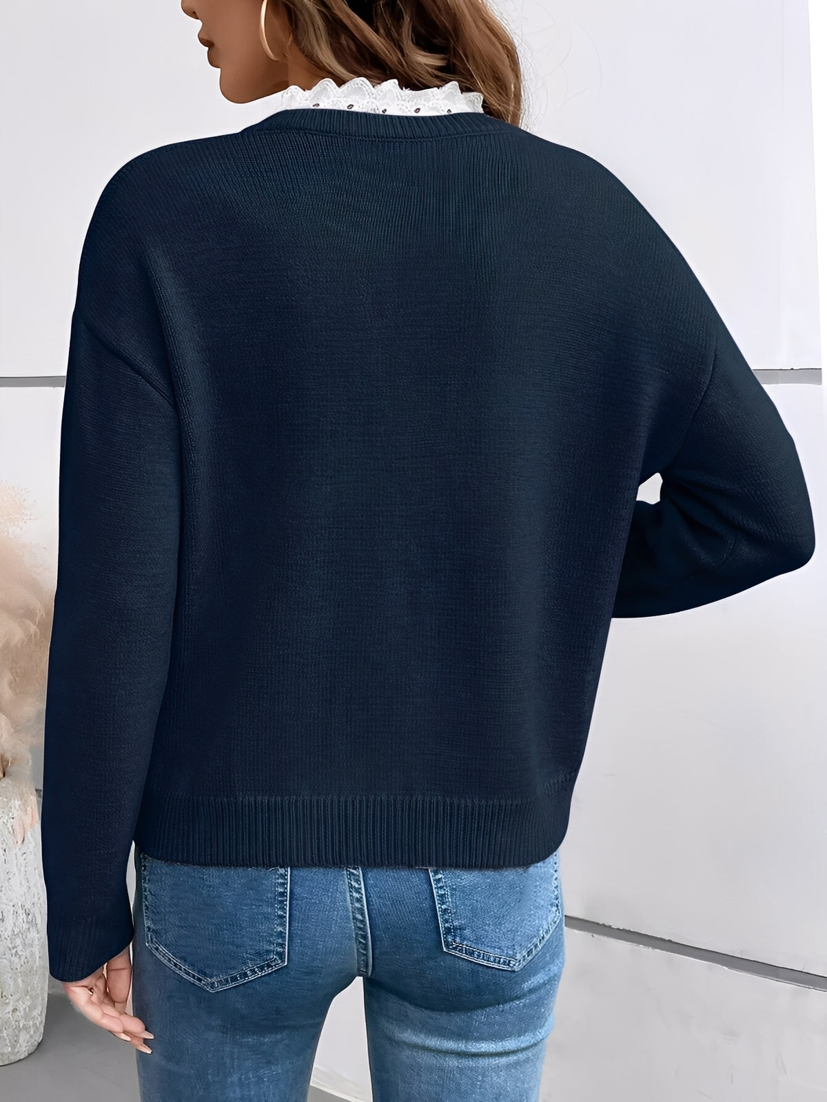 Nettie - Women's Relaxed Knit Sweater in Ruffled V-Neck - photo 3