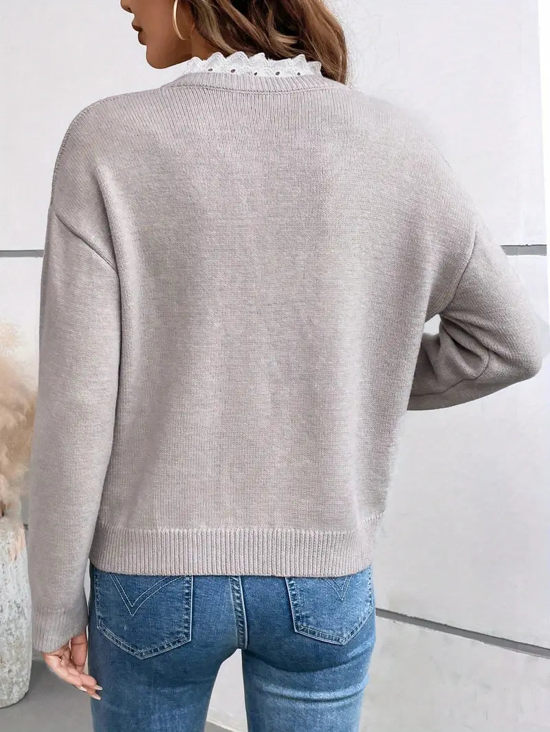 Nettie - Women's Relaxed Knit Sweater in Ruffled V-Neck - photo 5